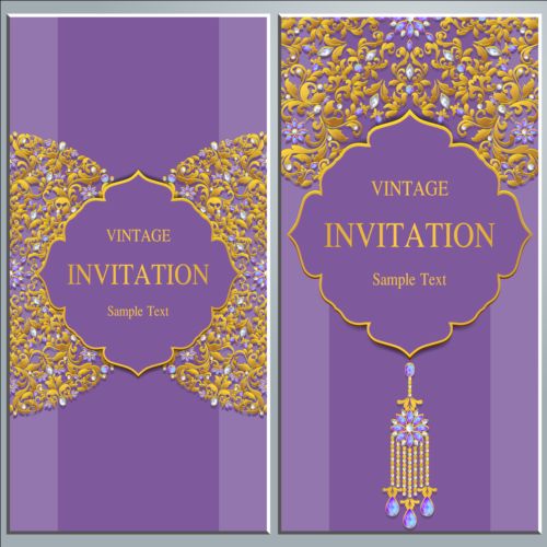 Vintage invitation cards with jewelry decor vector 02