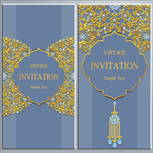 Vintage invitation cards with jewelry decor vector 04