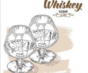 Whiskey with glass cup hand drawn vector 01