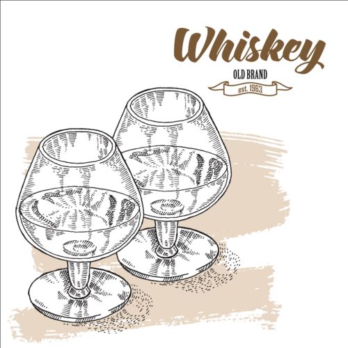 Whiskey with glass cup hand drawn vector 01