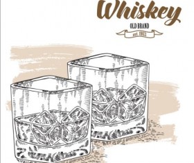 Whiskey with glass cup hand drawn vector 02