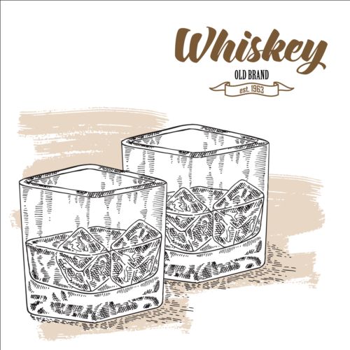 Whiskey with glass cup hand drawn vector 02