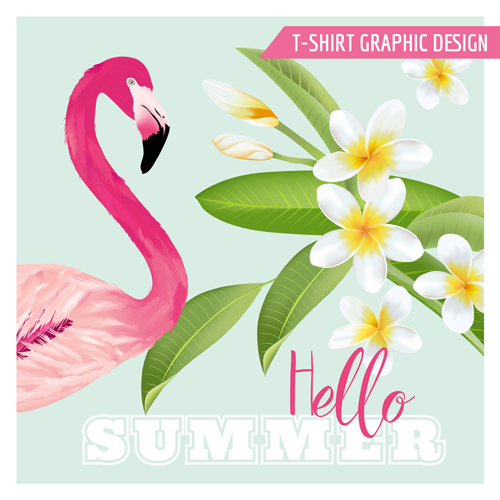 White flower background with flamingo vector 01