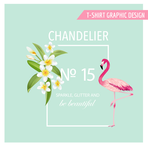 White flower background with flamingo vector 02