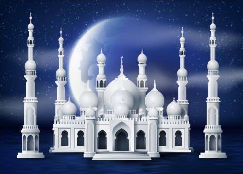 White mosque with night background vector