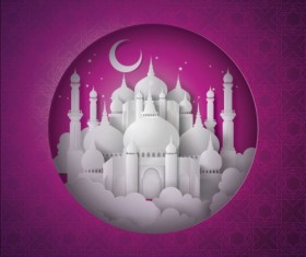 White mosque with purple ramadan kareem background vector 01