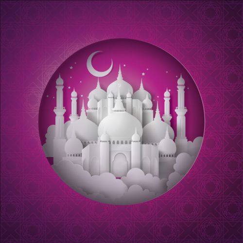 White mosque with purple ramadan kareem background vector 01