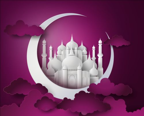 White mosque with purple ramadan kareem background vector 02