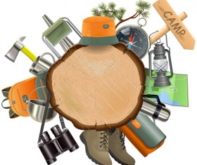 Wooden doard with camping accessories vector