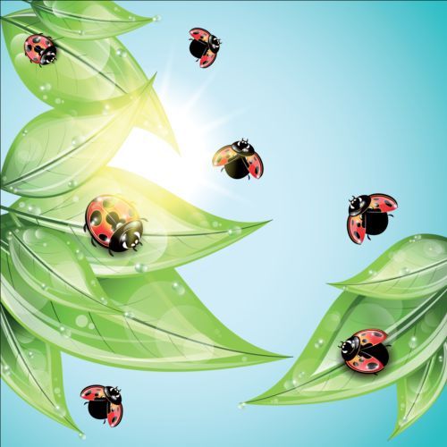 ladybug and leaves vector background 02