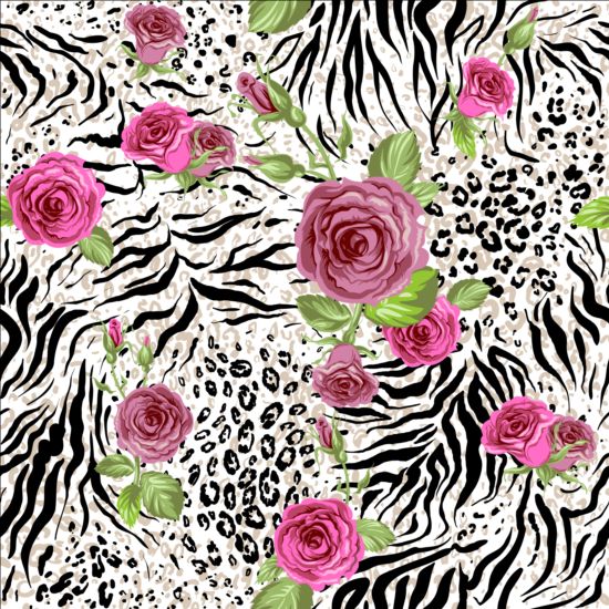 Animal skin and roses seamless pattern vector 01