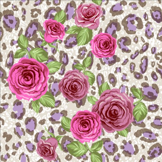 Animal skin and roses seamless pattern vector 02
