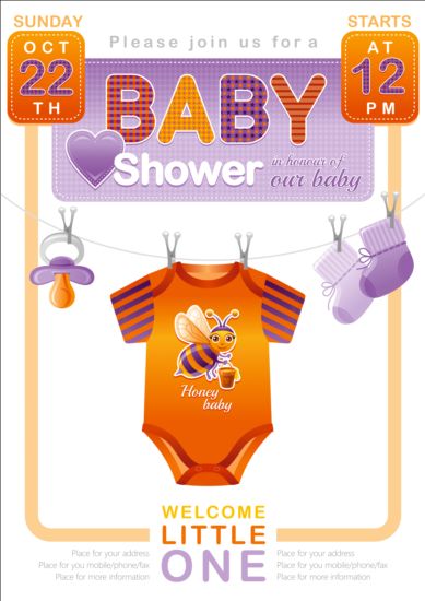 Baby shower card with clothes vector 05