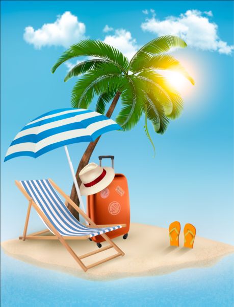 Beach chair and palms tree with travel background vector 02