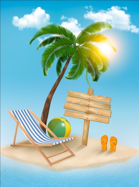 Beach chair and palms tree with travel background vector 03
