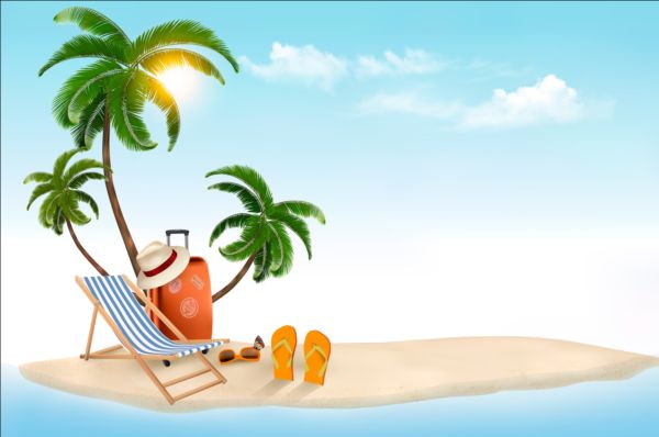 Beach chair and palms tree with travel background vector 04