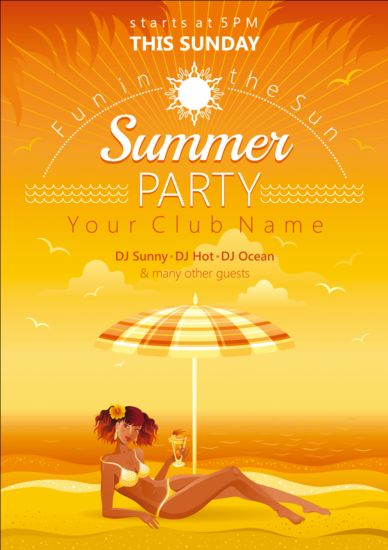 Beach party poster with beautiful girl vector 01