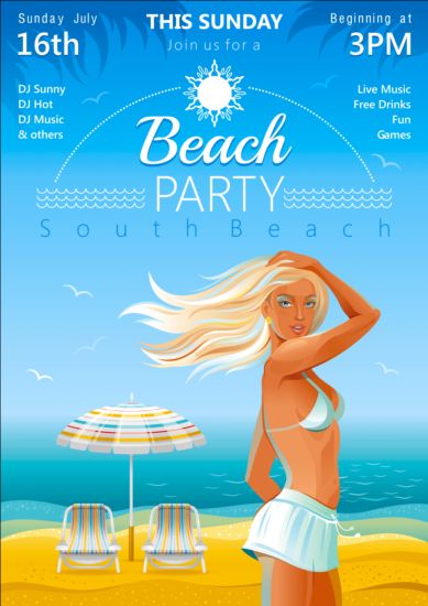 Beach party poster with beautiful girl vector 02