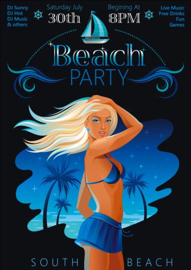Beach party poster with beautiful girl vector 03