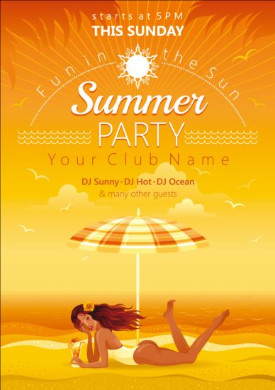 Beach party poster with beautiful girl vector 06