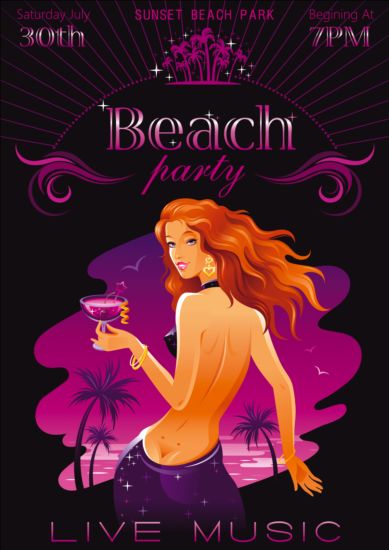 Beach party poster with beautiful girl vector 07