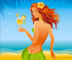 Beautiful girl with summer beach background vector 01