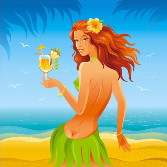 Beautiful girl with summer beach background vector 01