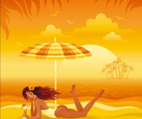 Beautiful girl with summer beach background vector 02