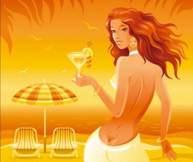 Beautiful girl with summer beach background vector 03