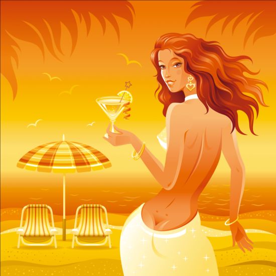Beautiful girl with summer beach background vector 03