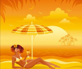 Beautiful girl with summer beach background vector 04
