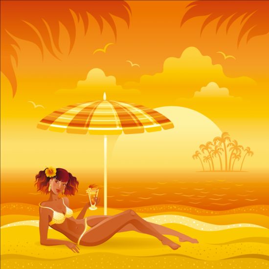 Beautiful girl with summer beach background vector 04