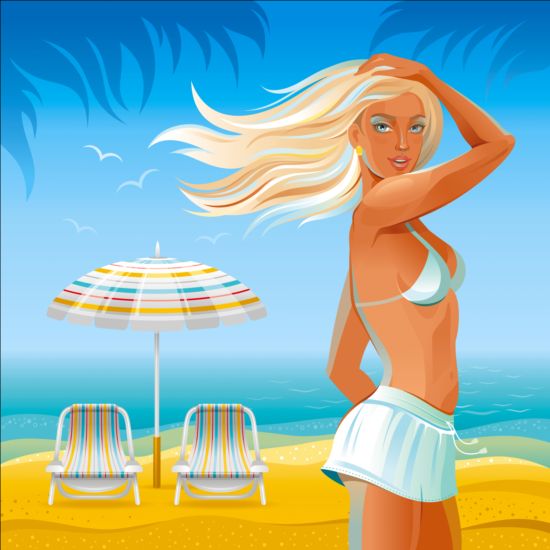 Beautiful girl with summer beach background vector 06