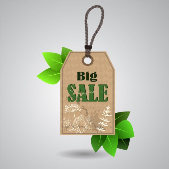 Big sale tag with green leaves vector 03