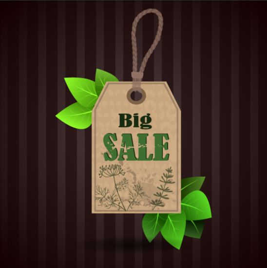 Big sale tag with green leaves vector 04