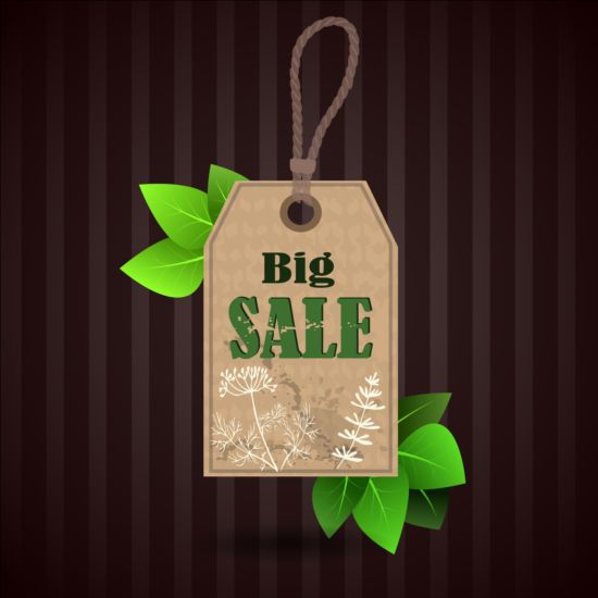 Big sale tag with green leaves vector 05