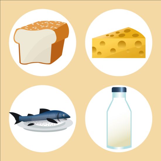 Cheese with bread and milk fish icons