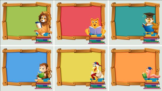 Cute animal and wooden photo frame vector 07