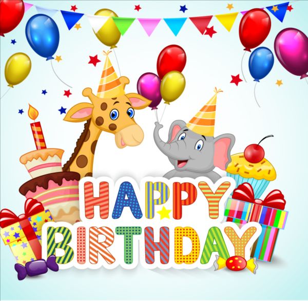Cute animal with birthday background creative vector 05