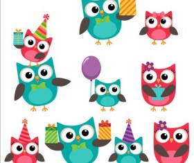 Cute owls with birthday cake and balloon vector 02
