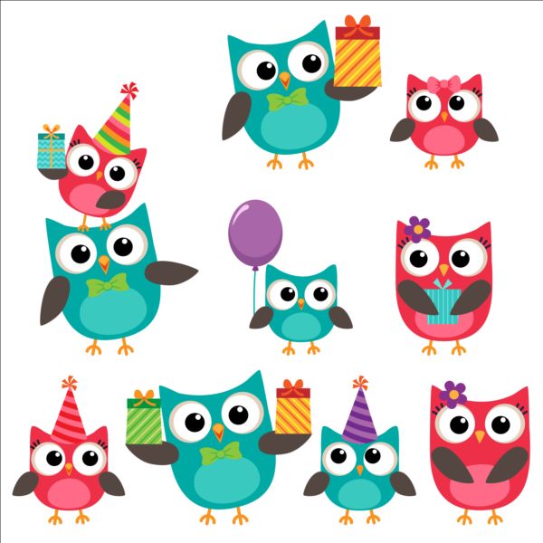 Cute owls with birthday cake and balloon vector 02