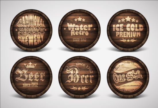 Drink wood casks labels vector 01