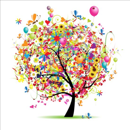 Floral tree with holiday balloons vector 03