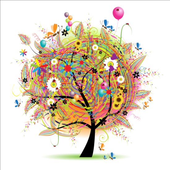Floral tree with holiday balloons vector 04