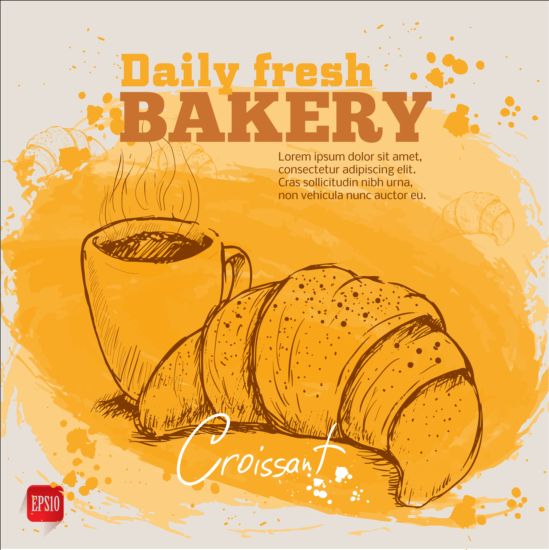 Fresh bread with bakery poster hand drawn vector 01