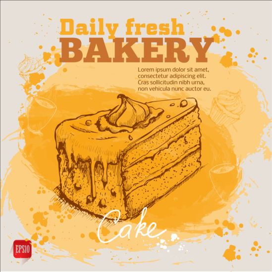 Fresh bread with bakery poster hand drawn vector 03