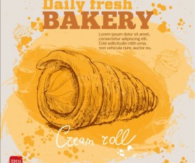 Fresh bread with bakery poster hand drawn vector 06