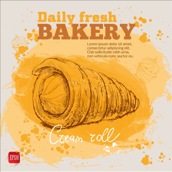 Fresh bread with bakery poster hand drawn vector 06