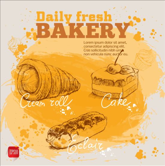 Fresh bread with bakery poster hand drawn vector 07