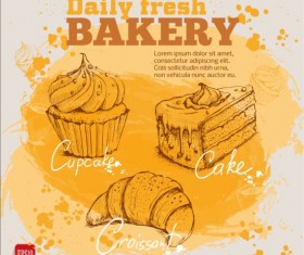 Fresh bread with bakery poster hand drawn vector 08